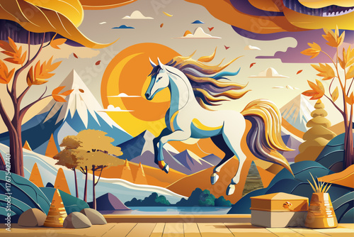 3D mural wallpaper with majestic horse and golden trees against colorful mountain landscape, golden sun and flying birds, luxury wall art design for modern interior and canvas print decor