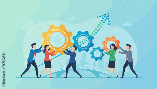 Diverse team of professionals collaborating to assemble interlocking gears, symbolizing teamwork, synergy, and business growth, with an upward trending arrow composed of dots in the background