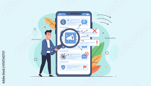 Man examining a smartphone screen with a magnifying glass, focusing on social media notifications, including a megaphone icon, a broken heart, a red cross, an exclamation mark, a spider web, and a