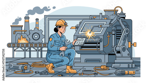 A skilled female engineer in a hard hat and blue overalls meticulously inspects a tablet while holding a wrench, overseeing a robotic arm welding on a complex industrial machine in a factory setting