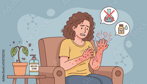 Worried woman scratching her itchy, rash-covered arm and hand, sitting in a chair with a bottle of anti-itch lotion and a potted plant with tiny bugs nearby; icons indicate avoiding chemicals and