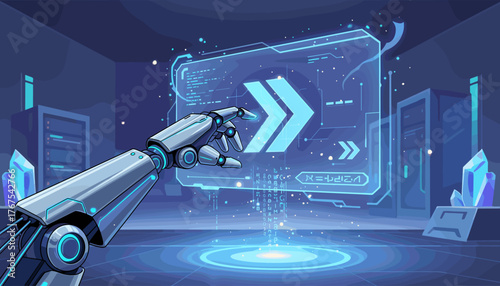 Futuristic robotic arm interacting with a glowing holographic interface displaying data streams, code, and directional arrows, symbolizing innovation, artificial intelligence, and technological