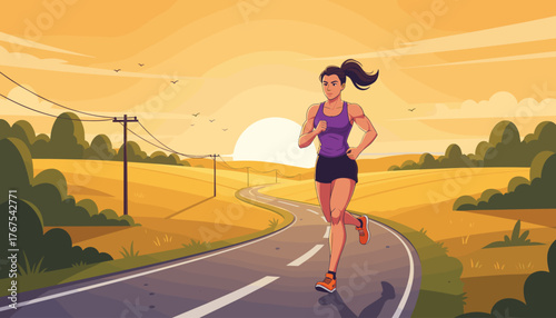 Vibrant illustration of a determined female athlete with a muscular physique running on a winding rural road during a breathtaking sunset, embodying fitness, health, and an active lifestyle amidst