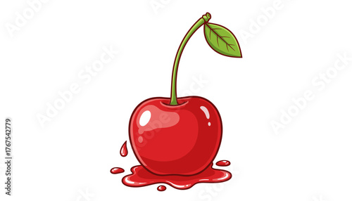Vibrant and juicy maraschino cherry with a stem and leaf, dripping sweet syrup onto a clean white background, isolated illustration, perfect for food and beverage designs, representing freshness and