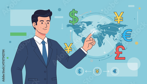 Dynamic illustration of a businessman interacting with a global currency exchange concept, featuring currency symbols like dollar, euro, pound, and yen, overlaid on a world map with interconnected