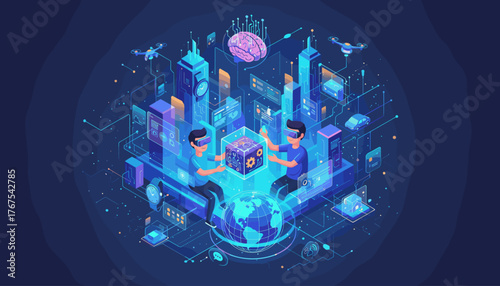 Futuristic digital metaverse technology with two people wearing VR headsets interacting with a holographic cube, surrounded by a glowing cityscape, drones, a brain icon, and a globe, representing