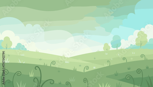 Serene pastel green rolling hills landscape with whimsical curly plants and soft clouds under a gradient sky, evoking a peaceful and natural countryside ambiance, perfect for backgrounds and design