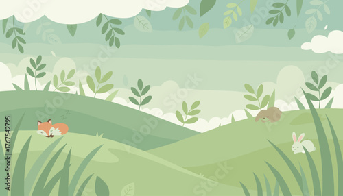Charming vector illustration of a serene natural landscape with rolling green hills, soft pastel clouds, and lush foliage, featuring adorable sleeping animals like a fox and rabbits, evoking a sense