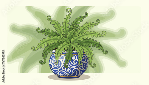 Lush, vibrant green fern plant with curled fronds thriving in a decorative blue and white patterned ceramic pot, casting soft shadows against a blurred green background, symbolizing growth and