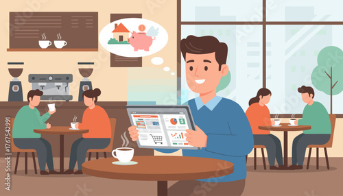 Man using tablet for online shopping and banking in a cafe, dreaming of a piggy bank with wings and a house, symbolizing financial goals and savings, with other patrons enjoying coffee in the