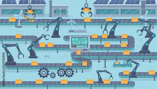 Automated factory assembly line with robotic arms and conveyor belts, featuring solar panels and wind turbines, symbolizing modern industrial production and sustainable manufacturing processes
