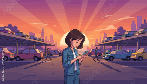 A young woman engrossed in her smartphone, standing in a multi-level parking lot at sunset, with cars parked under a covered structure and a city skyline in the background, bathed in warm, vibrant