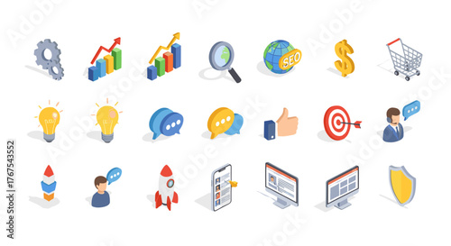 Isometric business icons set, representing concepts like growth, ideas, communication, SEO, finance, shopping, startup, teamwork, and security, perfect for digital marketing and web design projects.
