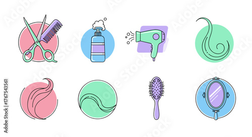 A collection of flat design icons representing hair salon and beauty care essentials, including scissors, comb, shampoo bottle, hairdryer, hair strands, hairbrush, and a decorative mirror, presented
