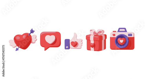 A vibrant collection of 3D icons representing love and social media engagement, featuring a winged heart pierced by an arrow, a chat bubble with a heart, a thumbs-up gesture with a heart, a gift box