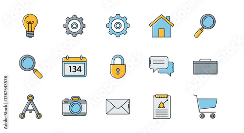 A collection of modern flat design icons on a black background, featuring essential symbols for business, technology, and communication, including a lightbulb, gears, house, magnifying glass