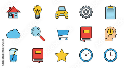 A vibrant collection of flat design icons representing various concepts including technology, business, education, and lifestyle, set against a stark black background for maximum contrast and visual