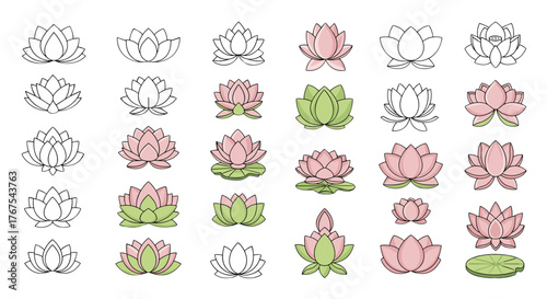 Collection of stylized lotus flowers in various colors and arrangements, including pink, green, and white, presented as clean vector illustrations on a black background, perfect for design elements
