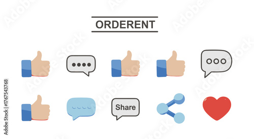 Collection of social media icons in 3D render style, including thumbs up, speech bubbles with dots, a share icon, a network connection symbol, and a red heart, all isolated on a black background