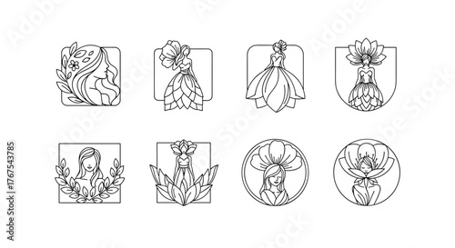 Collection of elegant line art illustrations featuring stylized female figures adorned with floral elements, showcasing beauty, nature, and femininity in various artistic compositions, perfect for
