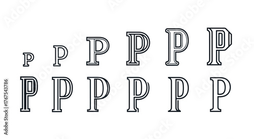 A visually striking composition showcasing the letter 'P' in various sizes and styles, arranged in two rows against a dark, minimalist background, highlighting typographic design and graphic elements.