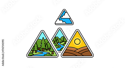 A collection of four triangular graphic elements, each depicting a distinct natural landscape scene: one with dark clouds and a blue sky, another with lush green trees and a winding river, a third