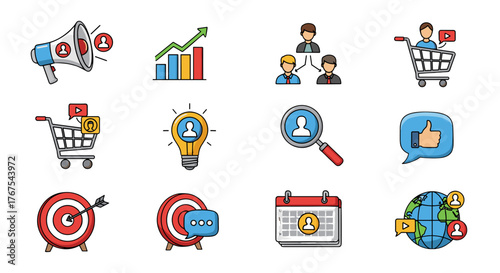 A vibrant collection of 12 flat design icons representing business concepts, marketing strategies, and digital communication, including a megaphone, growth chart, team hierarchy, shopping cart, idea