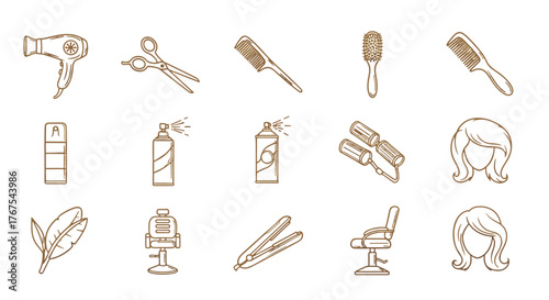 Golden outline icons of hairdressing tools and hairstyles on a black background, including a hairdryer, scissors, combs, hairspray cans, rollers, hair straightener, barber chair, and stylized female