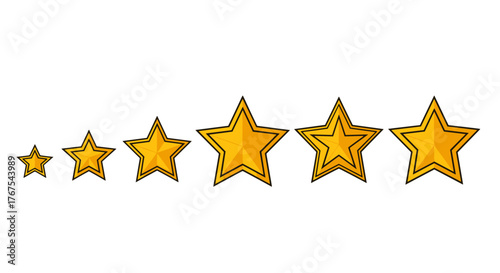 A progression of five golden, five-pointed stars, increasing in size from left to right against a stark black background, symbolizing growth, achievement, and ranking.