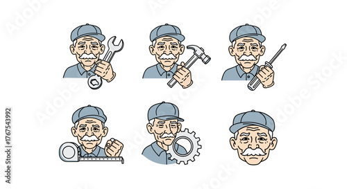 Set of six vintage cartoon illustrations of an elderly mechanic with a mustache, wearing a cap, holding various tools like a wrench, hammer, screwdriver, measuring tape, and a gear, representing