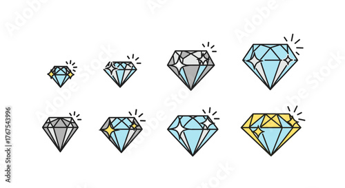 Collection of eight stylized, flat design diamonds in various sizes and colors, including blue, grey, and yellow, each with sparkling highlights and a black outline, set against a black background