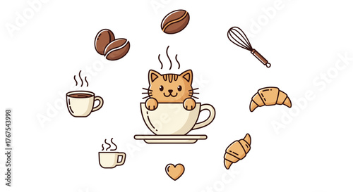 Charming Kawaii Cat Peeking Out of a Coffee Cup Surrounded by Coffee Beans, Croissants, and a Whisk, Illustrating a Cozy Morning Breakfast Scene with a Touch of Whimsy and Adorable Animal Charm