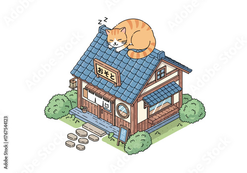 An adorable orange tabby cat sleeps peacefully on the blue tiled roof of a charming traditional Japanese house, rendered in a cute isometric illustration style.