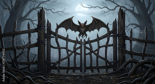 Halloween Vector Illustration Spooky Gate with Bat Silhouette in Moonlight