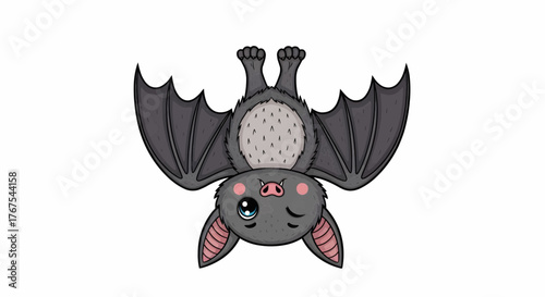 Cute winking bat hanging upside down, a charming kawaii halloween animal character vector illustration