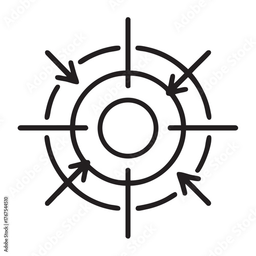 A black and white illustration of a circular target with crosshairs