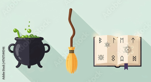 Vector Halloween Elements Cauldron, Broom, and Spellbook Illustrations