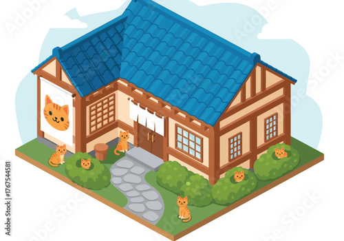 Isometric illustration of a charming traditional Japanese house with a blue roof and several cute orange cats in the garden.