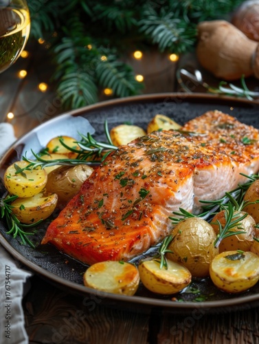 Perfectly seared salmon fillet with golden potatoes and rosemary on rustic wooden kitchen counter