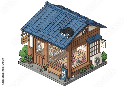 Isometric illustration of a cozy Japanese cafe with a sleeping cat on its blue tiled roof.
