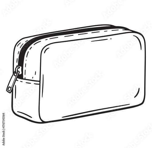 Hand drawn sketch illustration of a cosmetic bag or pencil case in simple black and white