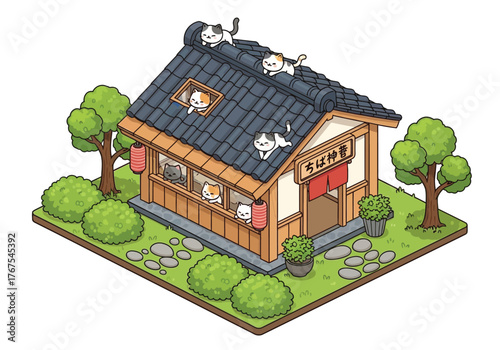 Cute isometric illustration of a traditional Japanese building with playful cats on the roof and inside.