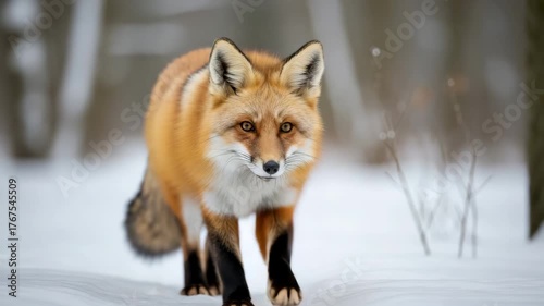 A majestic red fox gracefully walks through a snowy winter wonderland scene