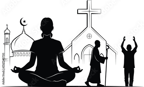Religious Diversity Silhouettes – Worship, Meditation, and Sacred Architecture Vector Set