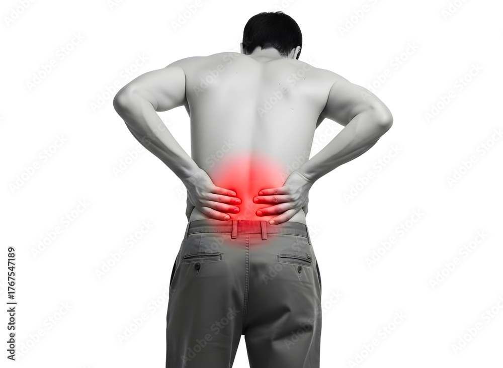 Fototapeta premium Man with lower back pain highlighted in red isolated on transparent background