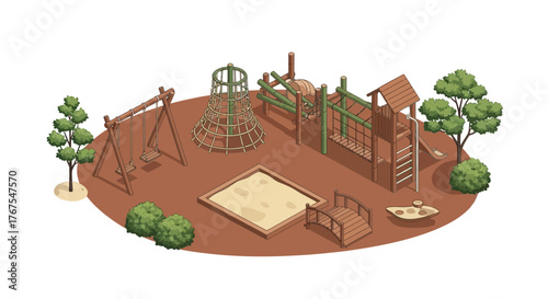 Isometric playground with multiple attractions suitable for various ages