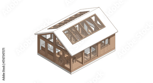 Isometric projection architectural visualization modern wooden cabin design
