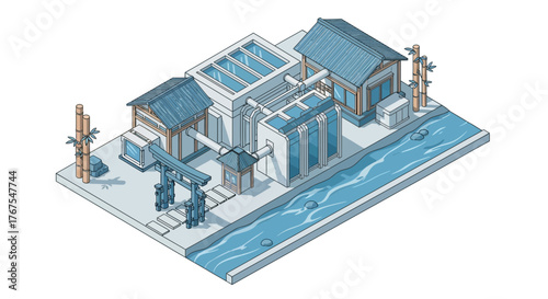 Isometric illustration of a modern water treatment facility with asian flair