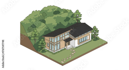 Isometric illustration of a modern house nestled in a forested hillside
