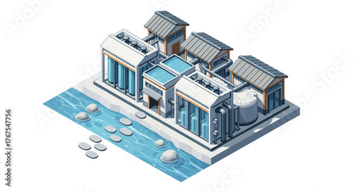 Isometric Illustration of a Modern Water Treatment Plant by the River